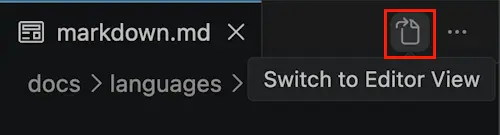 Screenshot showing the switch to editor view button in the preview toolbar.