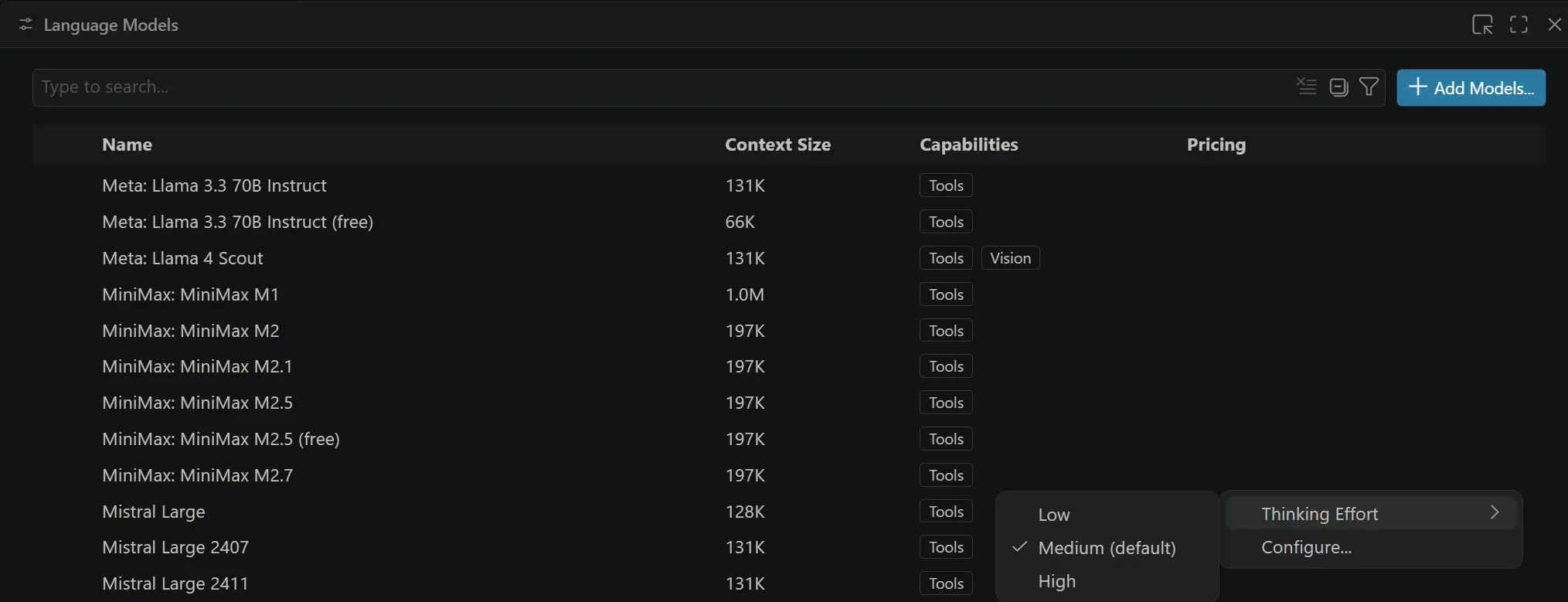 Screenshot of the Language Models editor showing the Thinking Effort configuration option for a BYOK model.