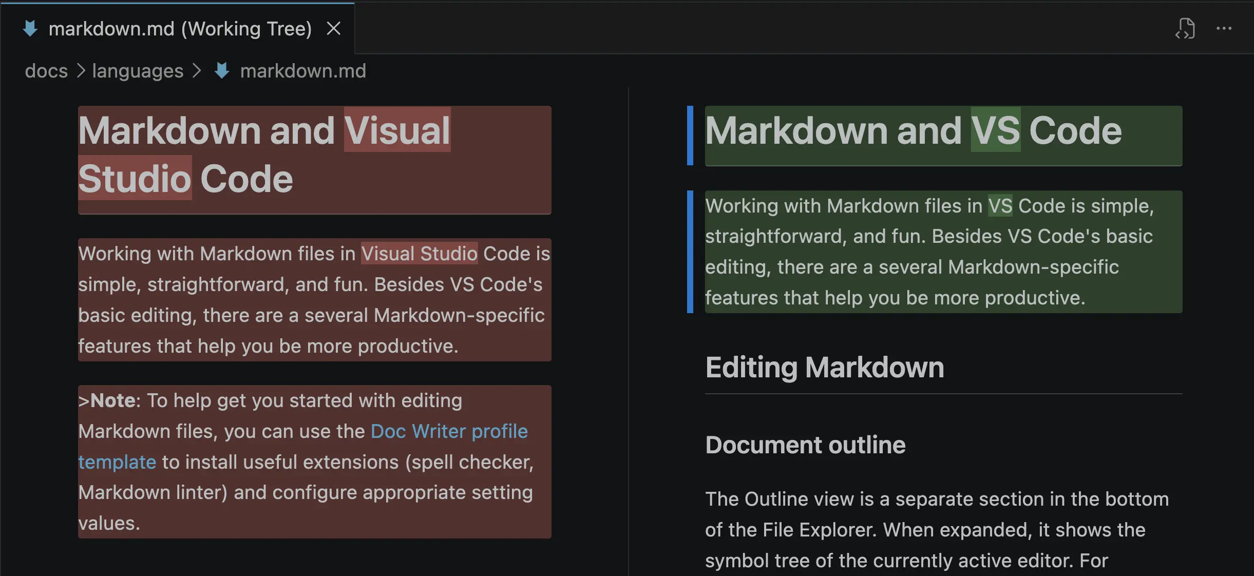 Screenshot of the source control diff rendered in a side-by-side Markdown preview.