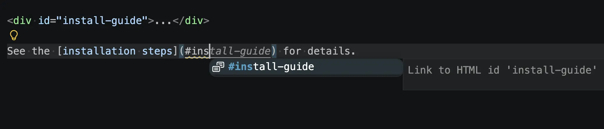 Screenshot showing ID attribute completions in a Markdown link.