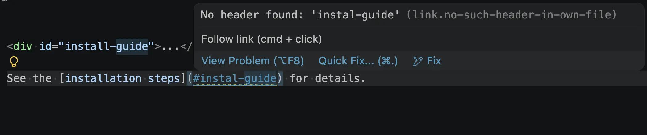 Screenshot showing a validation error for a Markdown link with an unknown HTML id.