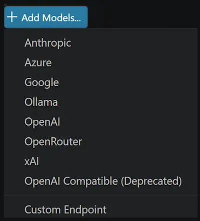 Screenshot showing the dropdown options for adding a new model in the Language Models editor, with the new Custom Endpoint option.