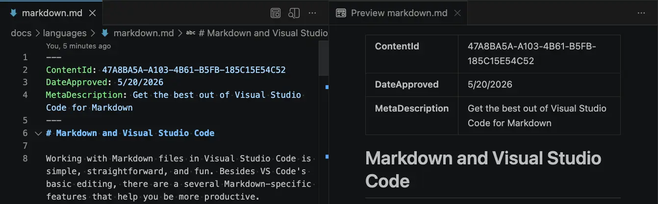 Screenshot showing Markdown frontmatter rendered as a table in the preview.