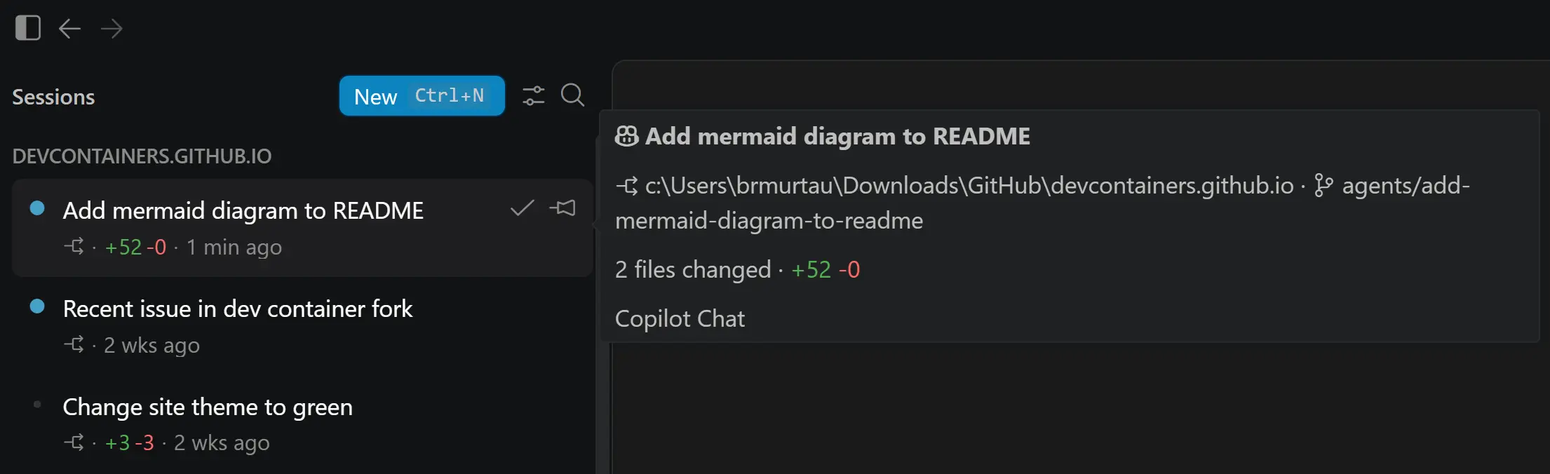 Screenshot showing the Agents window with a hover over a session in the list