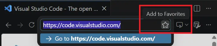 Screenshot of the integrated browser highlighting a star button labeled "Add to Favorites" in the browser URL bar.