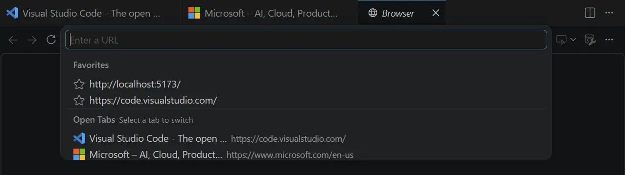 Screenshot of a popup around the browser URL bar showing favorites and opened tabs.