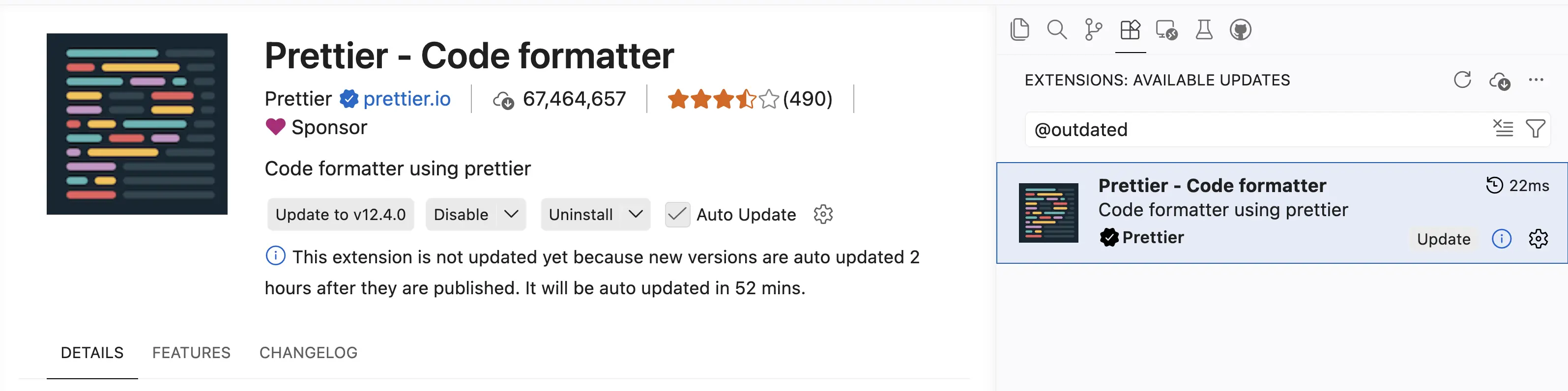 Screenshot of the extension showing the delay information and update schedule.