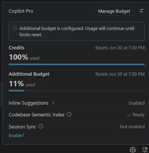 Screenshot showing additional spend limits in the Copilot status dashboard.