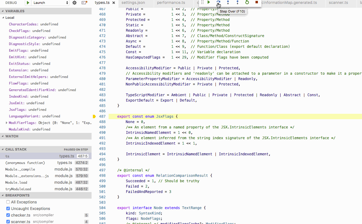 visual studio code javascript call stack