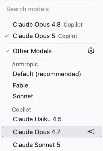 Screenshot showing the model picker in a Claude session, with models grouped under an Anthropic heading and a Copilot heading.