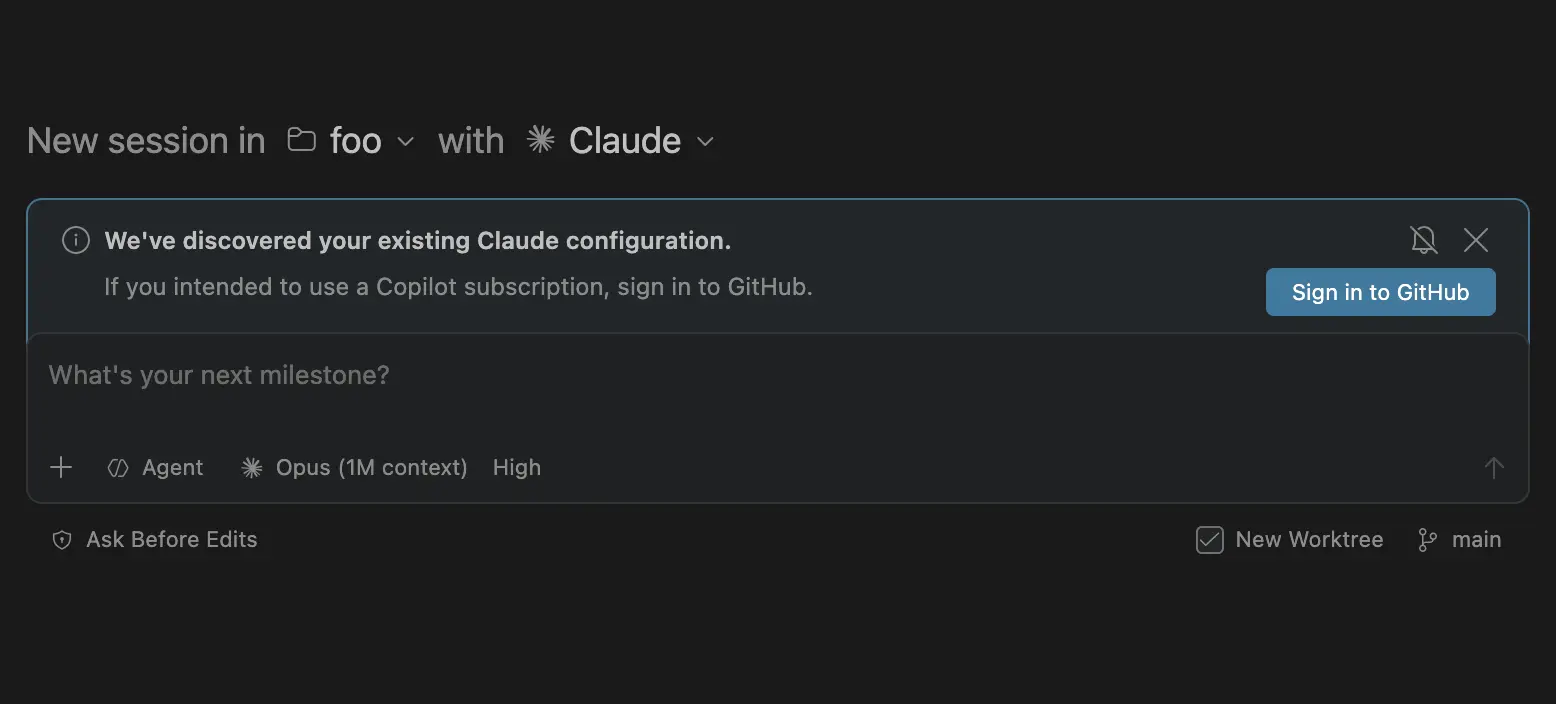 Screenshot showing the Agents window opened while signed out of GitHub, with a notification that reads "We've discovered your existing Claude configuration" and a Sign in to GitHub button.