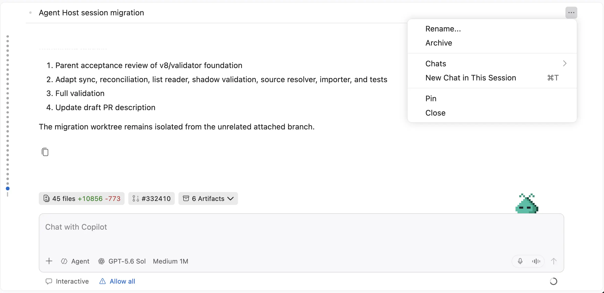 Screenshot showing session and chat actions grouped in the simplified Agents session header.