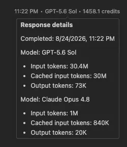Screenshot showing detailed token usage for each model in a chat turn.