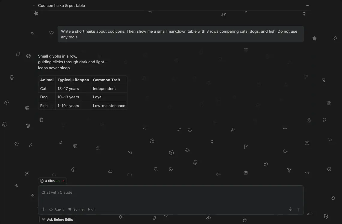 Screenshot showing an agent response and a Markdown table remaining readable over the Codicons background.