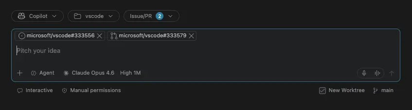 Screenshot of the redesigned new-session input in the Agents window with context, permission, worktree, and branch controls.