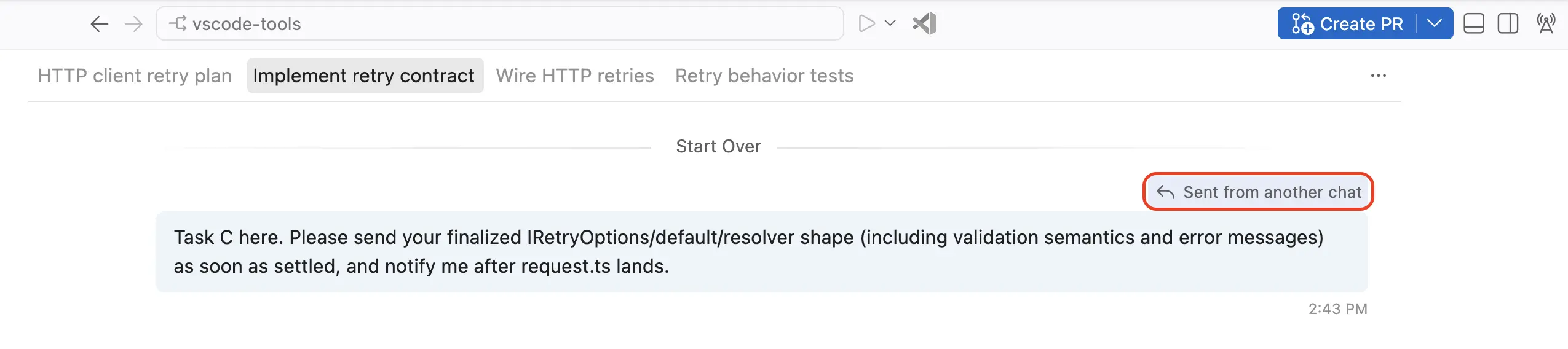 Screenshot showing a delegated request with a Sent from another chat source link.