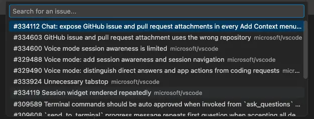 Screenshot showing a search for GitHub issues from the Add Context menu.