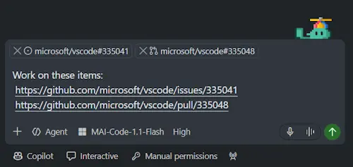 Screenshot showing pasted GitHub issue and pull request URLs with context attachments in chat.