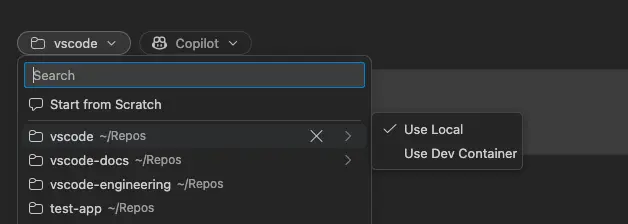 작업 영역 선택기에서 폴더에 대한 Use Dev Container 동작을 보여주는 스크린샷