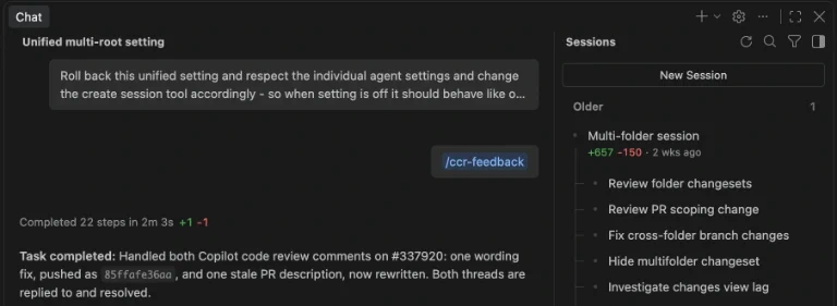 Screenshot of the editor window with the Sessions view listing a session and its nested peer chats next to the Chat view showing the selected chat.