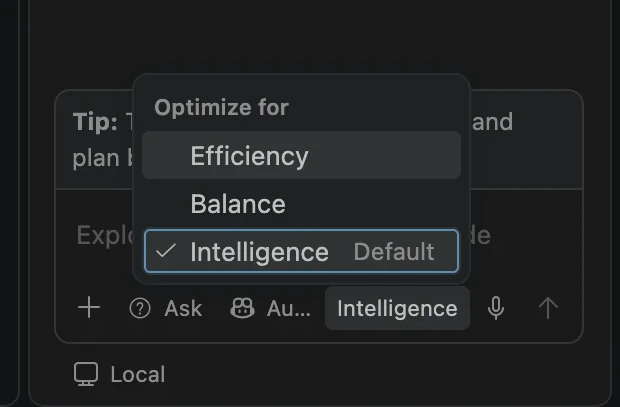 Screenshot of the Auto model "Optimize for" menu with Intelligence selected and marked as Default.