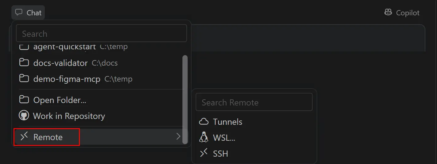 Screenshot showing a workspace-less chat on a remote agent host, with the selected host identified in the Chat entry.