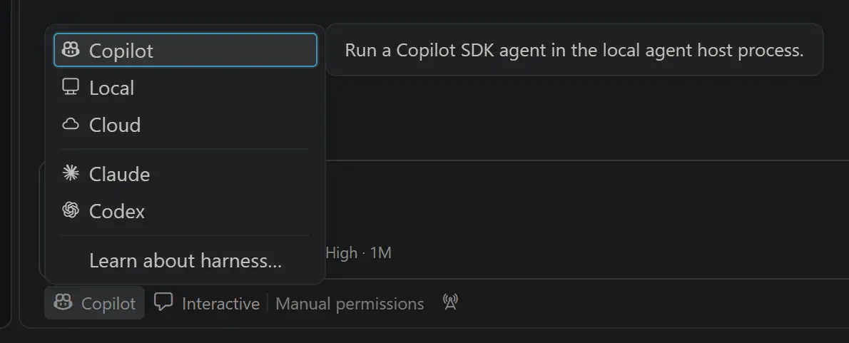 Screenshot showing the Copilot harness selected in the harness picker.