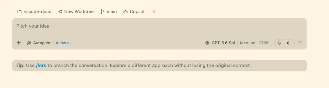 Screenshot showing a getting-started tip below the new-session chat input.