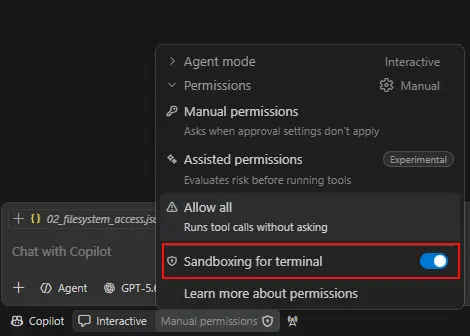 Screenshot showing the Sandboxing for terminal toggle in the Permissions menu.