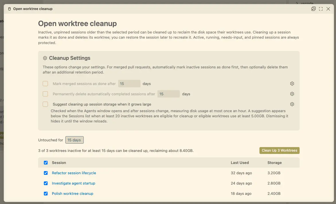 Screenshot showing the worktree cleanup editor with cleanup settings and inactive session worktrees.
