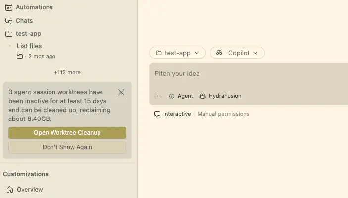 Screenshot showing a worktree cleanup suggestion in the Agents window.