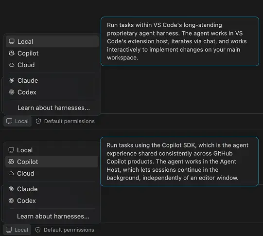 Screenshot showing the harness picker with hover descriptions for the Local and Copilot harnesses.