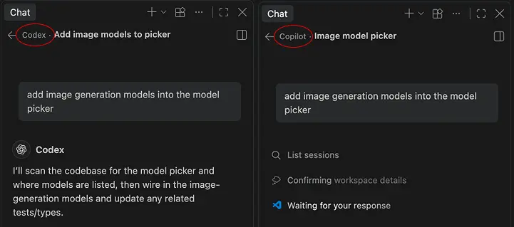 Screenshot showing two chat sessions in editor windows, with the Codex and Copilot harness names displayed before each chat title.
