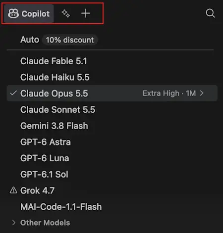 Screenshot showing the redesigned model picker with the Copilot tab selected and a list of models, where the selected model shows its thinking level and context size.