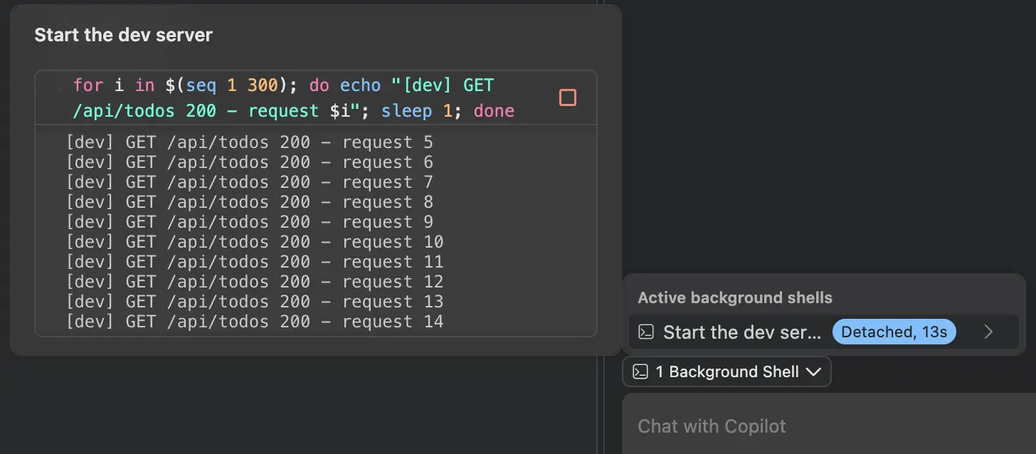 Screenshot showing a detached background shell's output streaming in its details, next to the Background Shells list where the shell is marked Detached.
