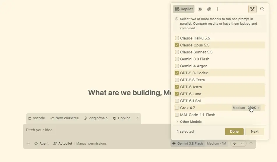 Screenshot showing four models with different reasoning levels selected for an Agent bake off.