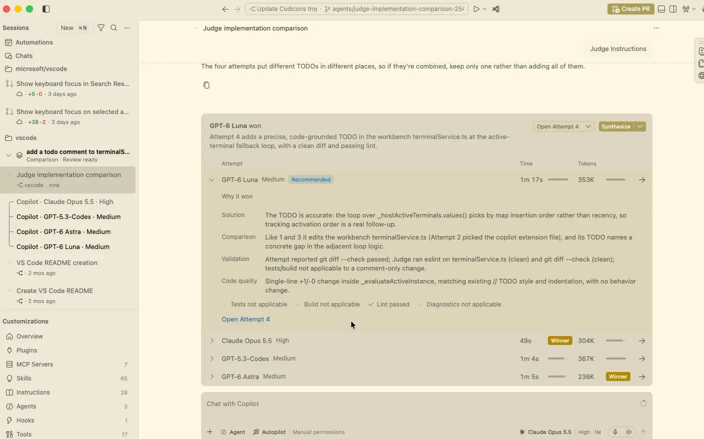 Screenshot showing Agent bake off results with the recommended attempt, scorecard, and Synthesize action.