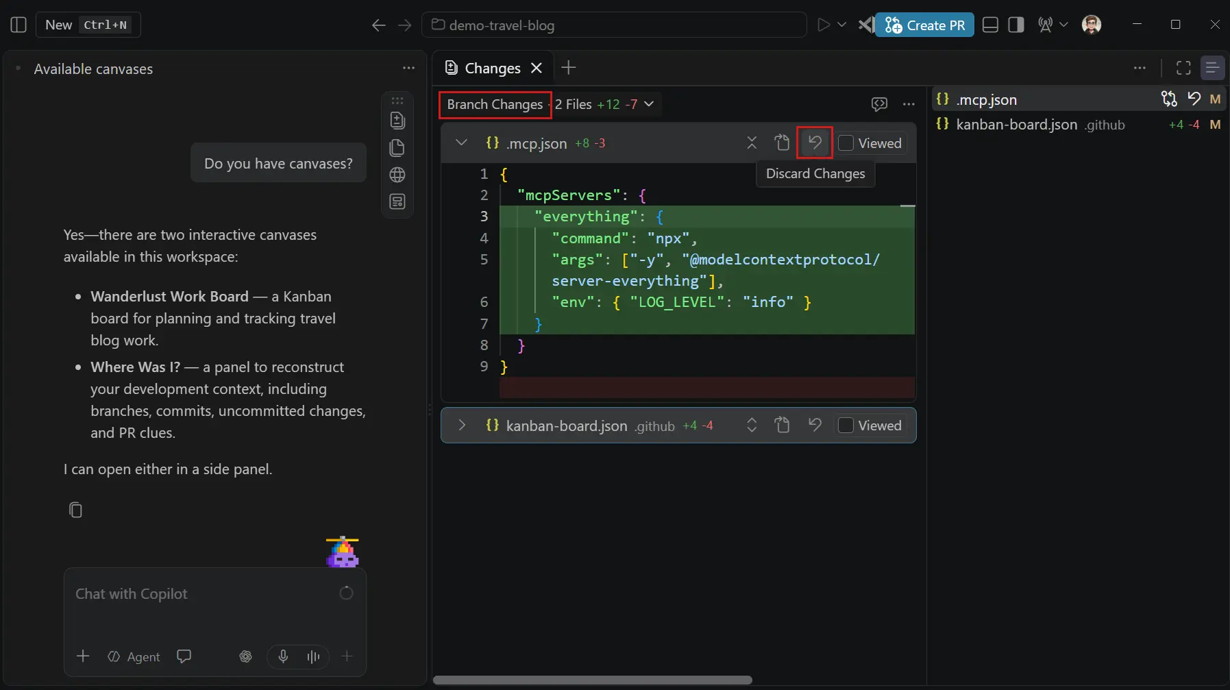 Screenshot showing the Discard Changes option in the Uncommitted Changes changeset.