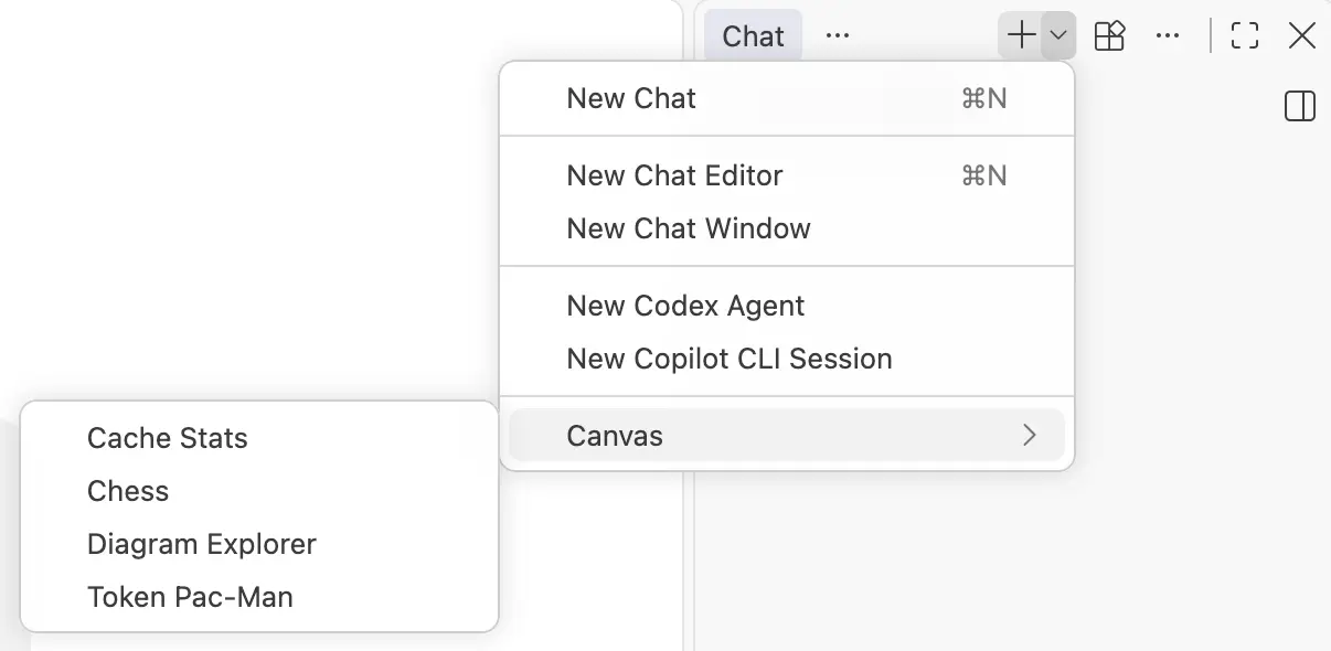 Screenshot showing the Canvas submenu in the editor window's New Chat menu, listing Cache Stats, Chess, Diagram Explorer, and Token Pac-Man.