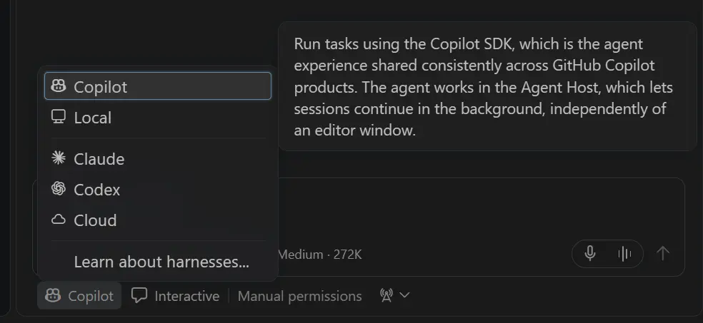Screenshot showing Copilot selected in the harness picker with a hover description of its Copilot SDK and Agent Host integration.