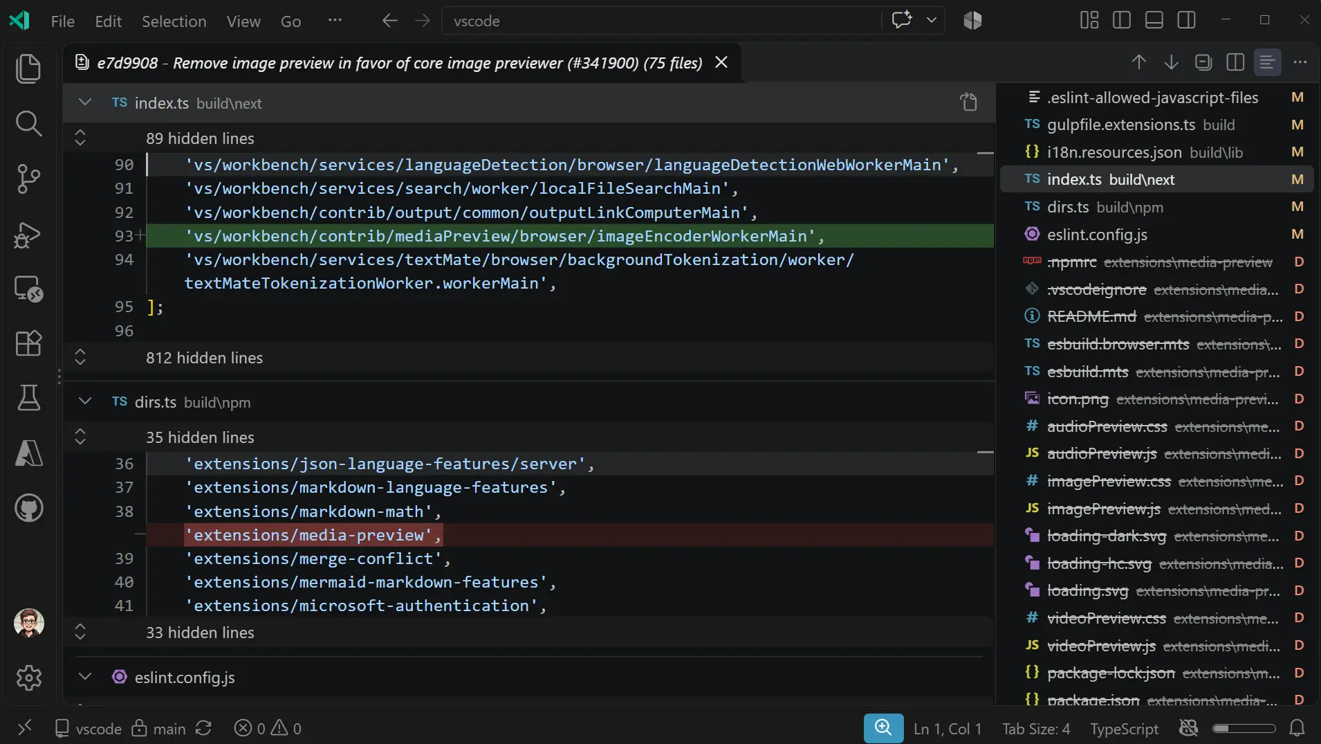 Screenshot showing the multi-file diff editor file list with status letters for each changed file.