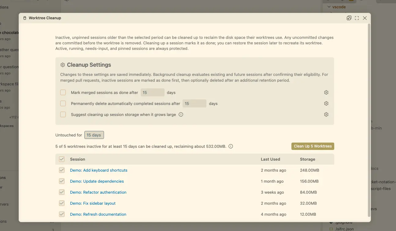 Screenshot showing the worktree cleanup editor with cleanup settings and inactive session worktrees.