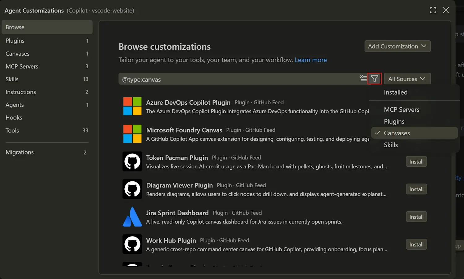 Screenshot showing the Agent Customizations Browse page filtered by @type:canvas, with canvas plugins available to install.