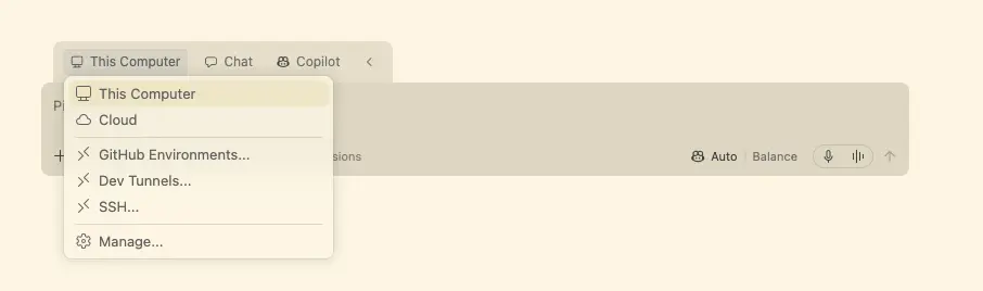 Screenshot showing the Environment picker in the new-session composer with This Computer, Cloud, GitHub Environments, Dev Tunnels, and SSH options.
