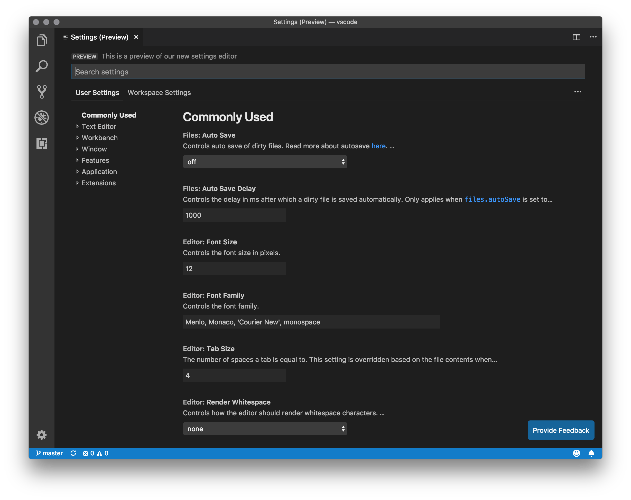 Code setting. Visual Studio settings. Settings Editor.