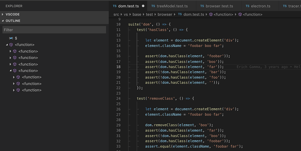 VS Code 1.29 with  entries in the Outline view