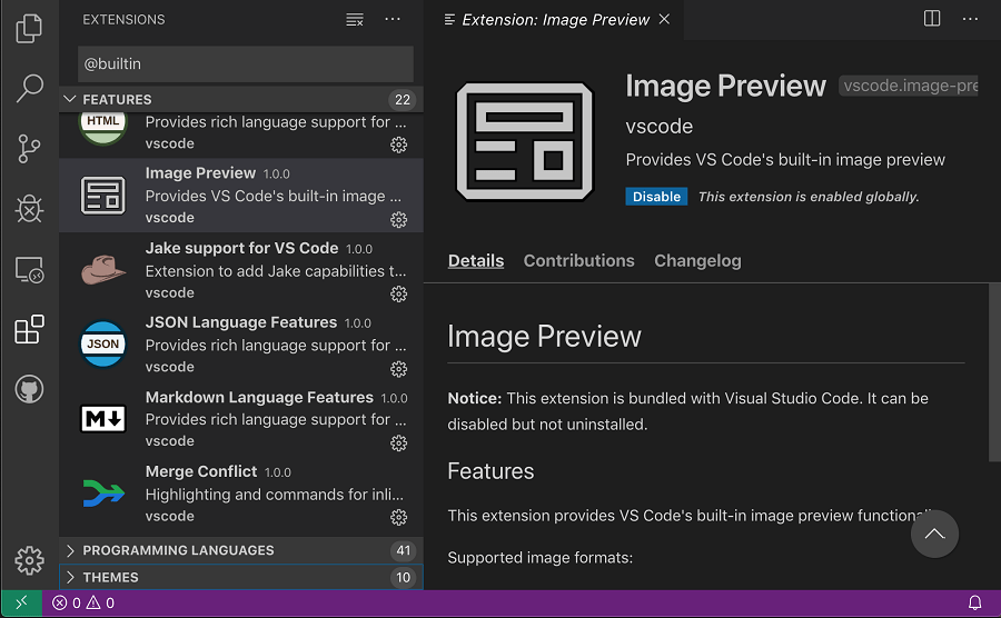 The built-in Image Preview extension