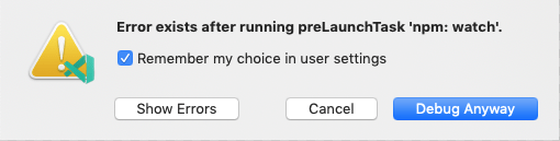 PreLaunchTask error choice dialog