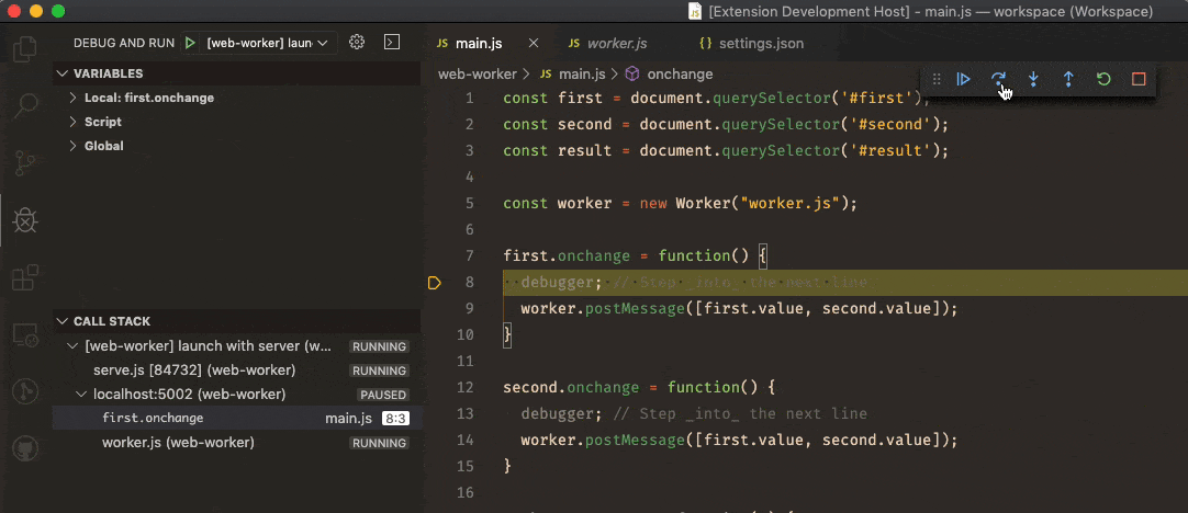 An animation showing stepping through postMessage calls to and from a webworker