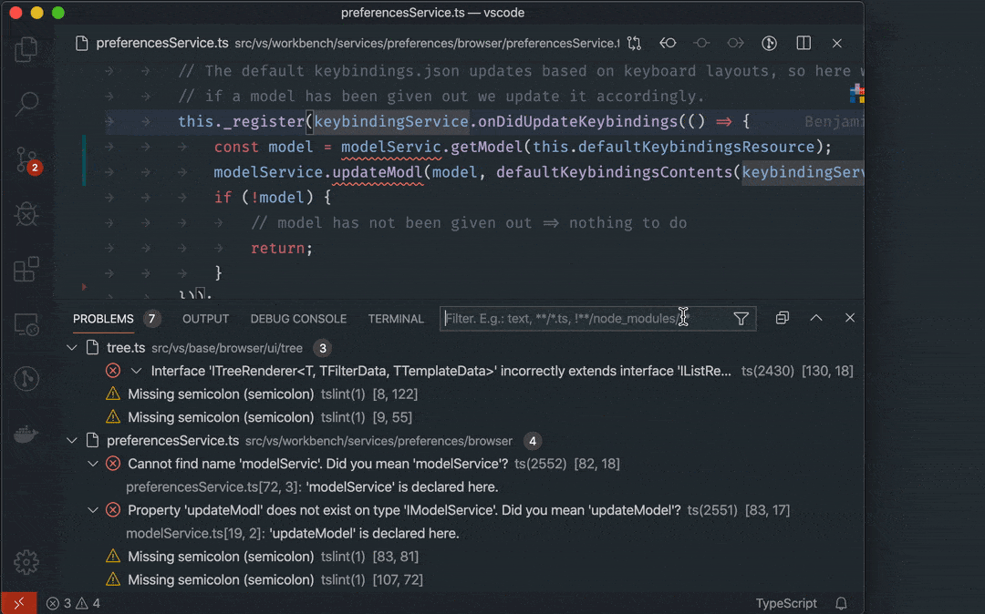 Problems panel filters